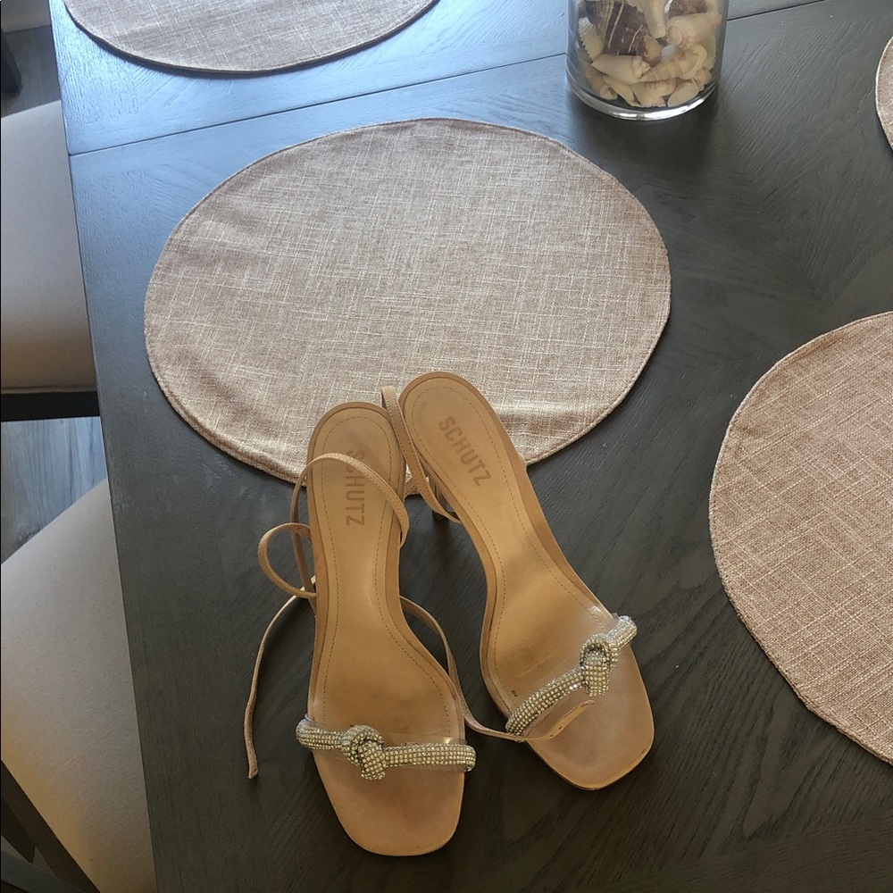 SCHUTZ Tan Crystal-Knot Open-Toe Heels